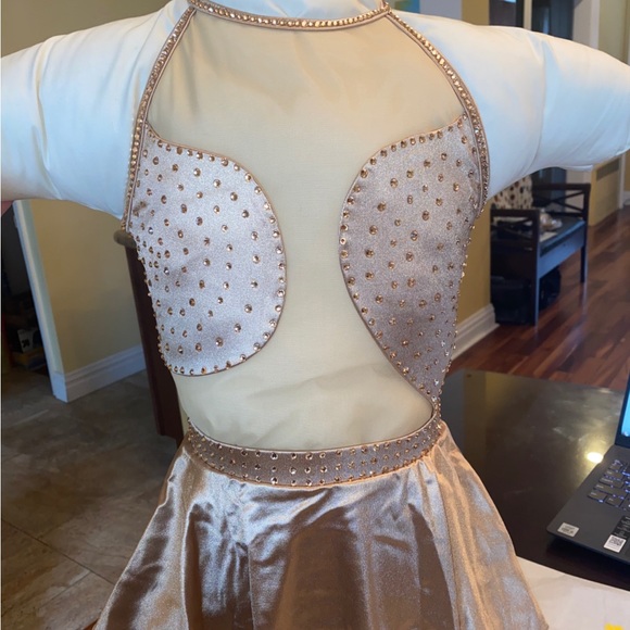 Double Platinum Girls Performance Satin Asymmetrical Halter Leotard & Skirt - Picture 1 of 4